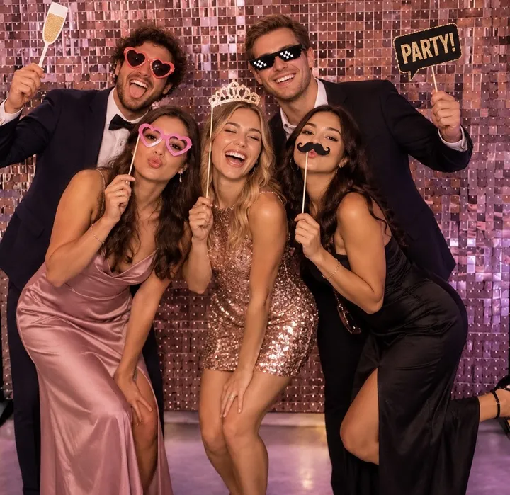 Gasten met props voor een paillettenwand in rosé goud
